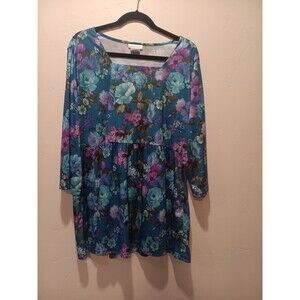 CW Classics Women's Plus 1X Blue Floral Square Neck 3/4 Sleeve Pullover Blouse